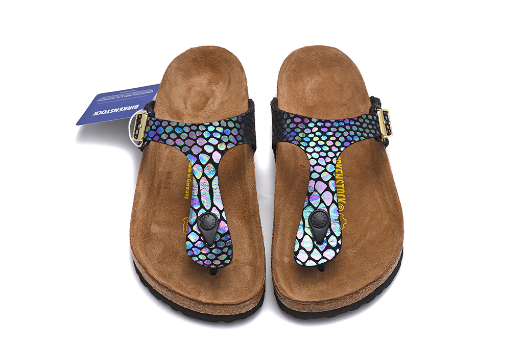 Birkenstock Gizeh Black Shiny Snake Multicolor Sandals - Trendy Comfort for Stylish Feet